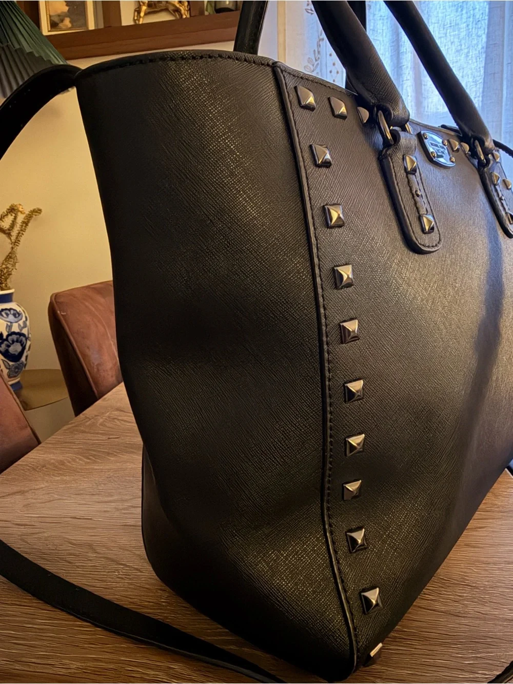 Michael Kors Black Tote Saffiano Studde Leather Satchel with Gold Hardware